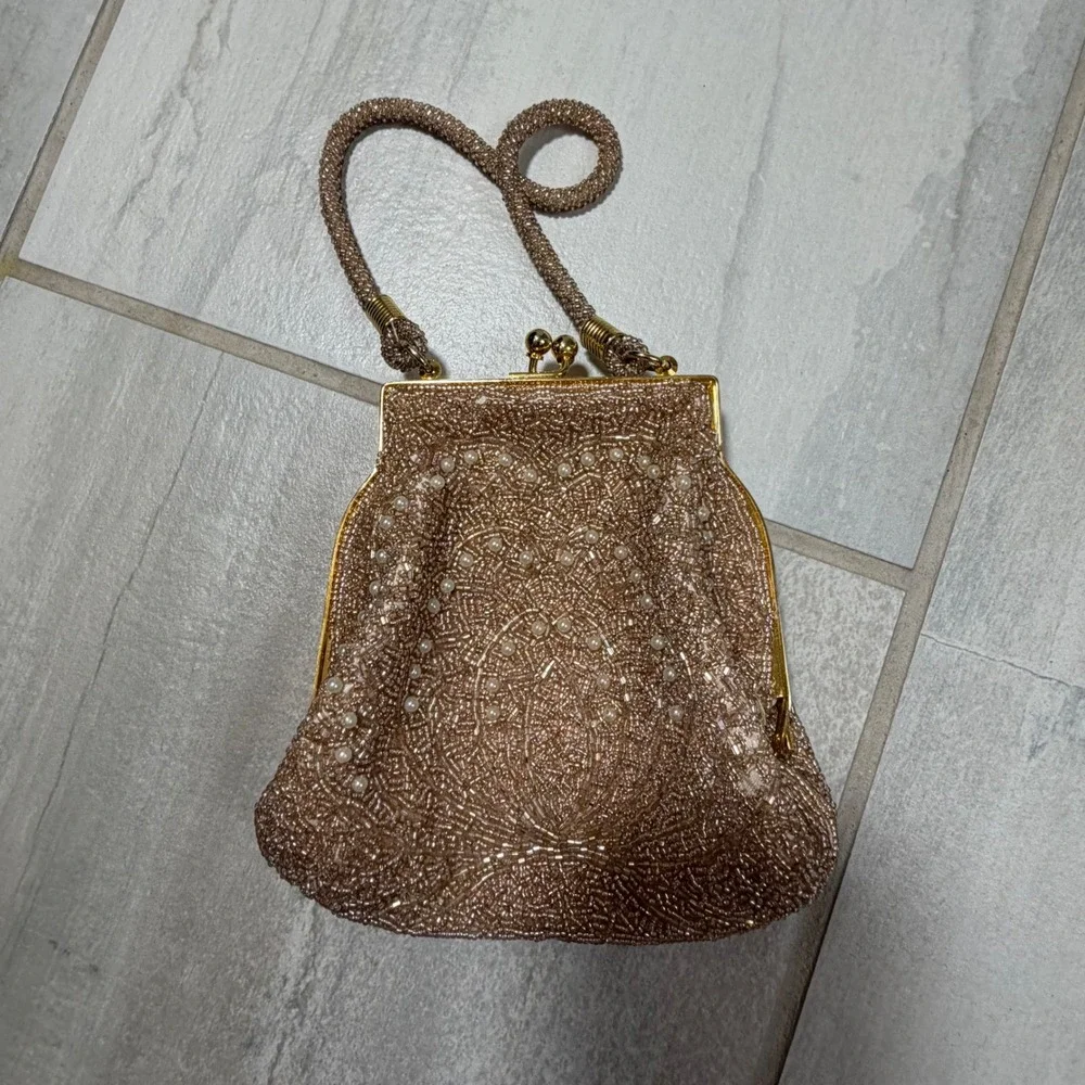 Vintage Beaded Evening Bag Champagne Gold Faux Pearl Kiss Lock Clutch Purse